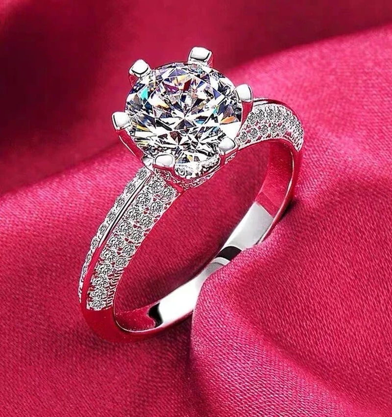Luxury Pure 18K White Gold Color Tibetan Silver Ring round Clear 5A Zircon Engagement Wedding Band Bridal Jewelry Gift for Women