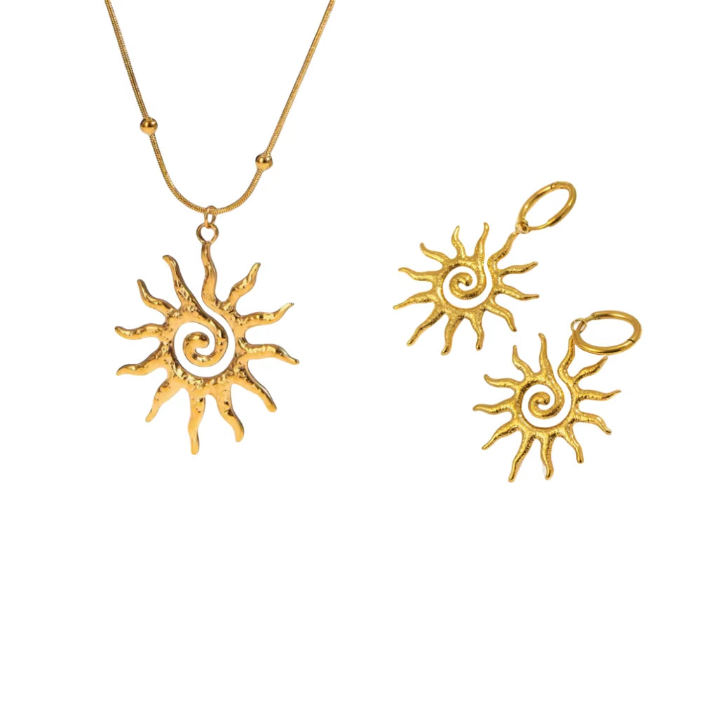 Fashion Vintage Chic Sun Shaped Pendant Necklace Stainless Steel Earrings Statement Golden Fashion Jewlery Accessories Gift