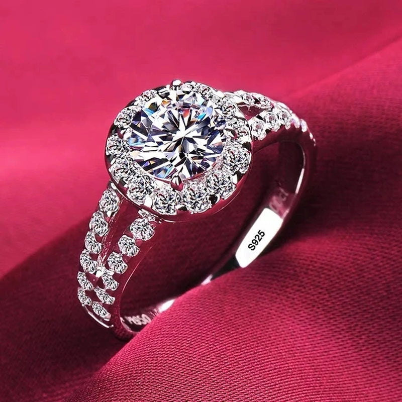 Luxury Pure 18K White Gold Color Tibetan Silver Ring round Clear 5A Zircon Engagement Wedding Band Bridal Jewelry Gift for Women