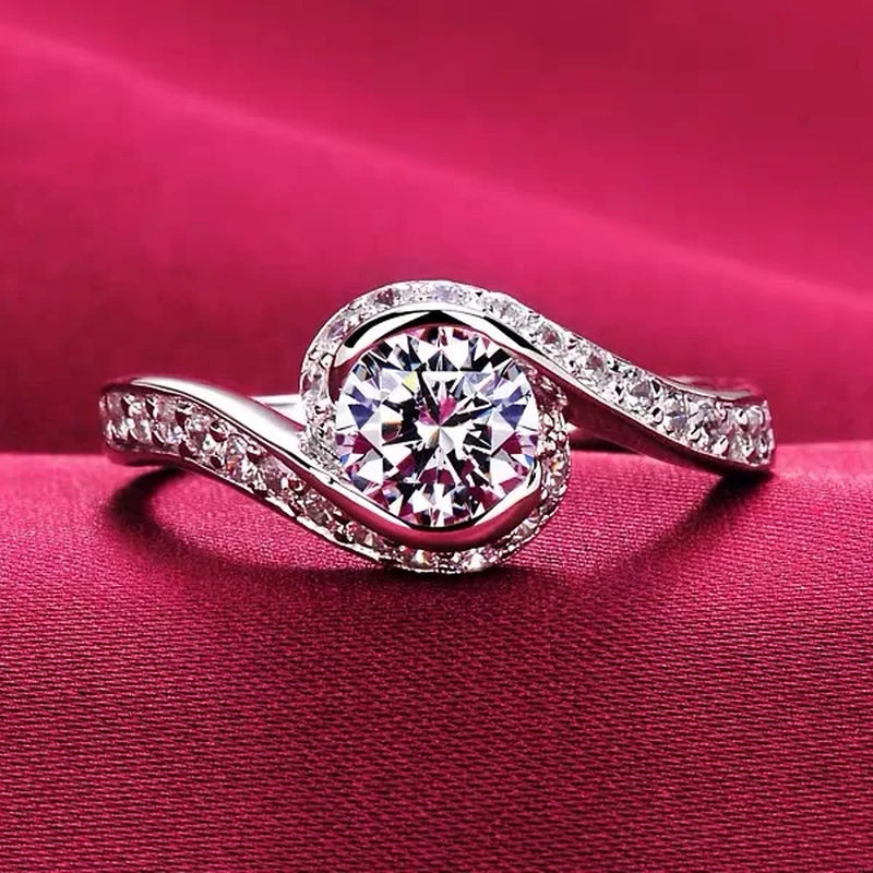 Luxury Pure 18K White Gold Color Tibetan Silver Ring round Clear 5A Zircon Engagement Wedding Band Bridal Jewelry Gift for Women
