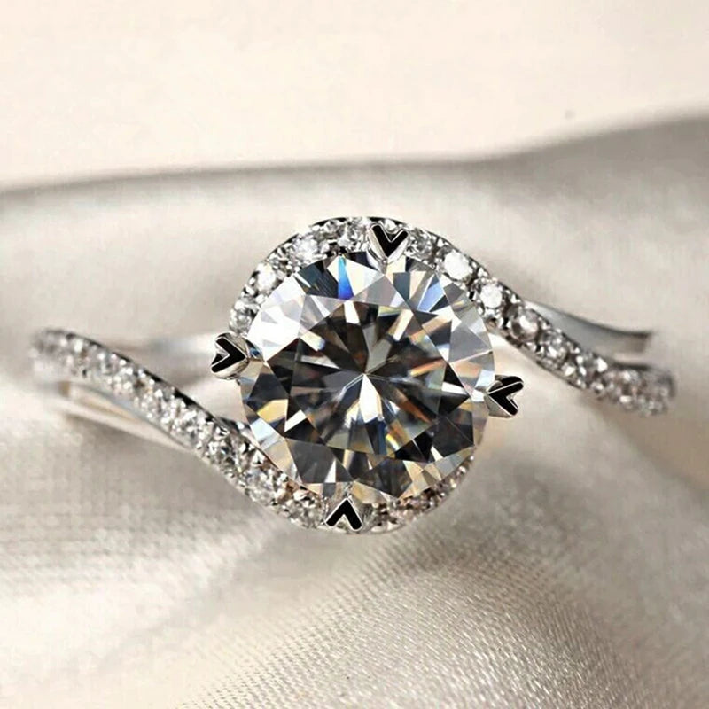 Luxury Pure 18K White Gold Color Tibetan Silver Ring round Clear 5A Zircon Engagement Wedding Band Bridal Jewelry Gift for Women