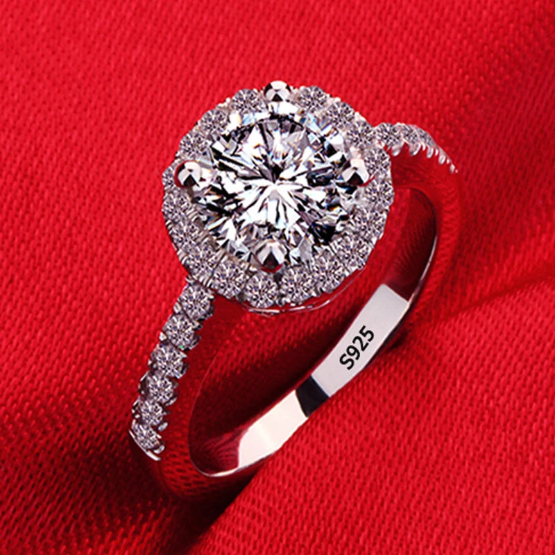 Luxury Pure 18K White Gold Color Tibetan Silver Ring round Clear 5A Zircon Engagement Wedding Band Bridal Jewelry Gift for Women